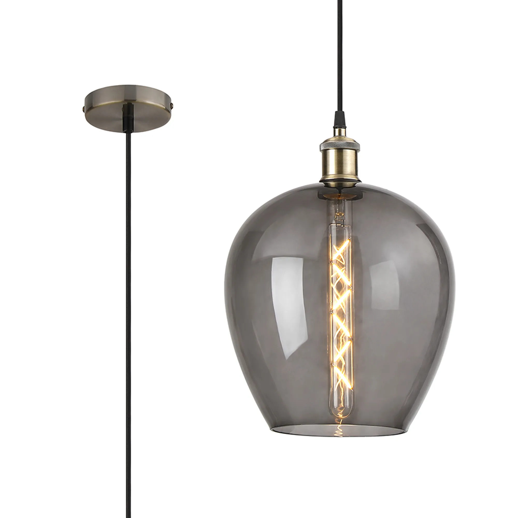 DK1107  Cawdor Single Pendant; 1 Light E27; Antique Brass/Black/Smoke Wine Glass